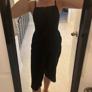 Calf length square neck jumpsuit with adjustable straps and pockets